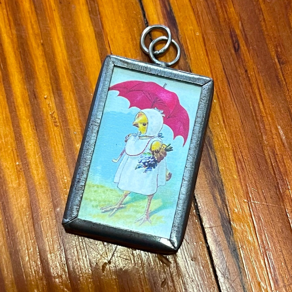Adorable Spring Chick Illustrated Pendant “April Showers Bring May Flowers”